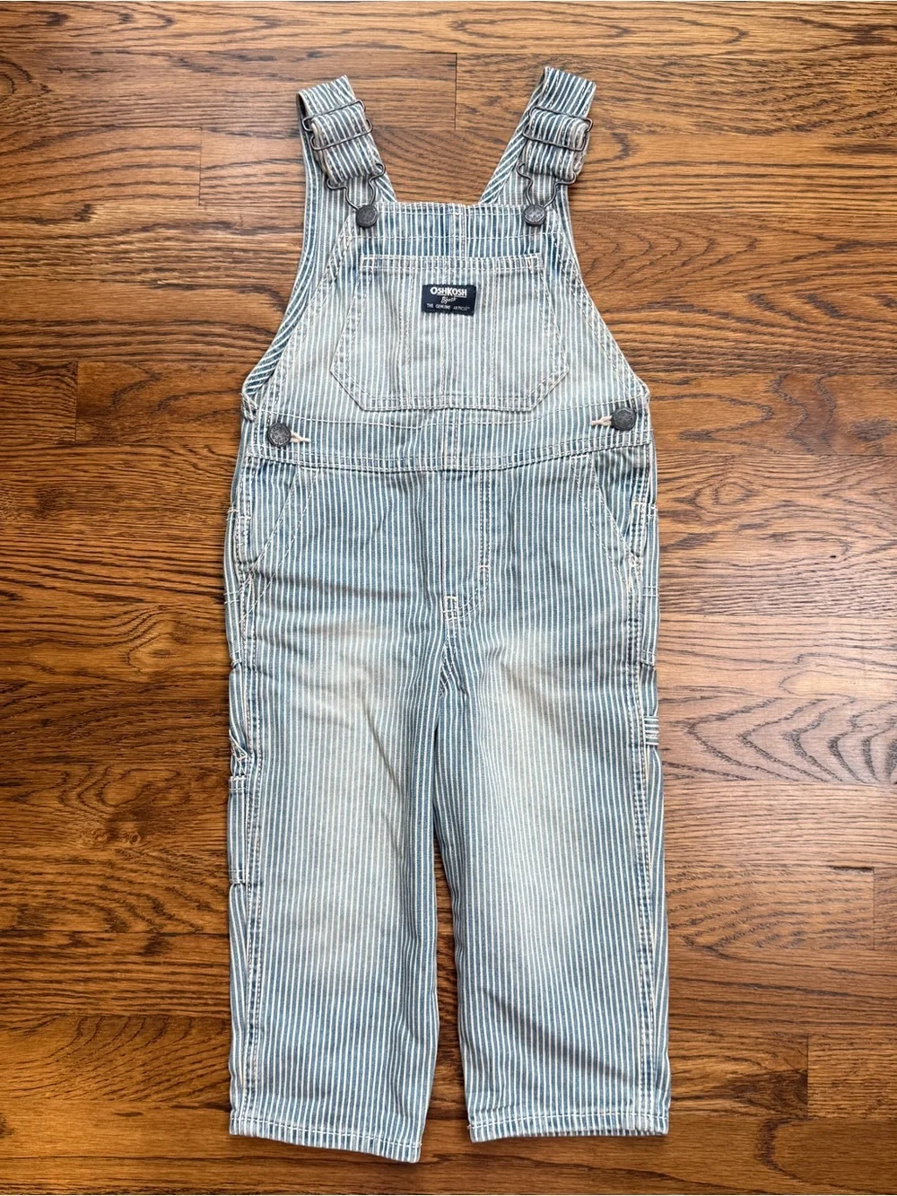 OshKosh B'gosh Kids Light Blue White Pinstripe Train Conductor Overalls Size 2T